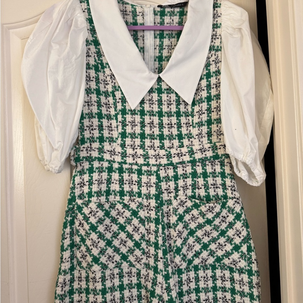 Green and White Plaid Romper with Puff Sleeves